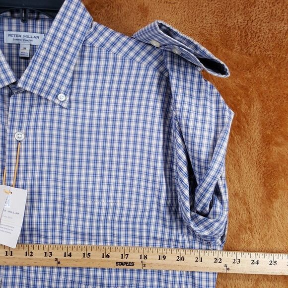 PETER MILLAR Shirt Mens Medium Blue Check Summer Comfort Prairie Performance - Picture 9 of 11